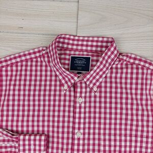 Charles Tyrwhitt Shirt Mens XL‎ Pink Gingham Check Non Iron Slim Fit Preppy Dad
